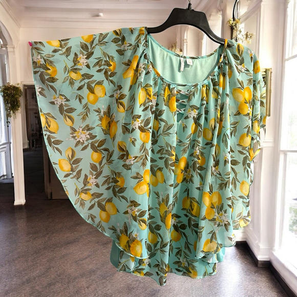 CATO Floral Cape Blouse Womens XL Green Lightweight Lemons Fully Lined Fairy - Picture 1 of 17